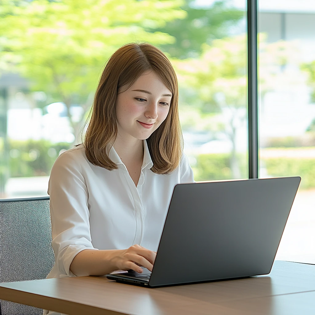 kobieta pracuje przy laptopie na tle zielonych drzew